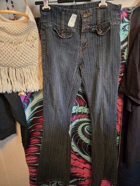 High-Waist Pinstripe Flare Jeans - Dark Gray